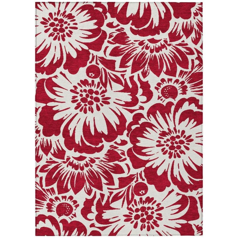 HomeRoots Burgundy and White 5 ft. x 8 ft. Woven Floral Rectangle Indoor/Outdoor Area Rug 2000562429