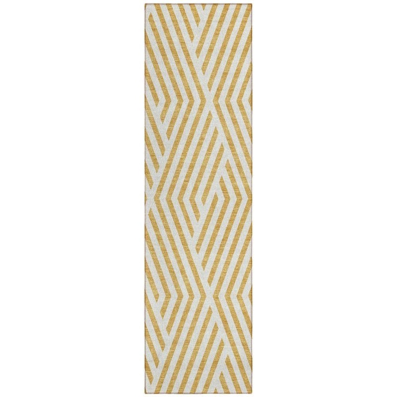 HomeRoots Gold and White 2 ft. x 8 ft. Woven Geometric Runner Indoor/Outdoor Area Rug 2000562273