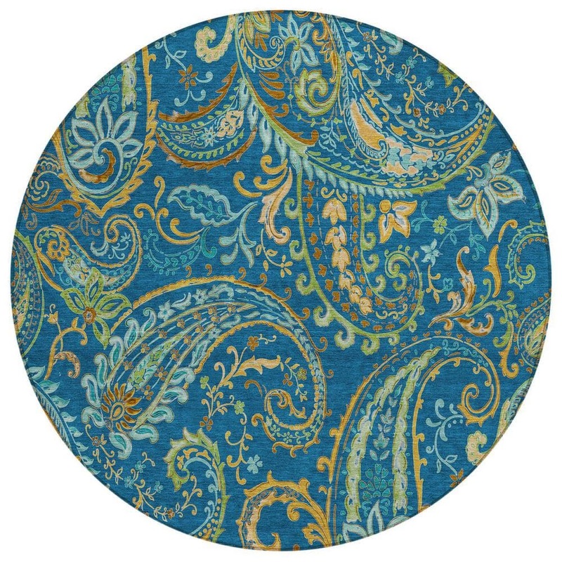 HomeRoots Navy Blue 8 ft. Round Woven Paisley Polyester Round Indoor/Outdoor Area Rug 2000561433