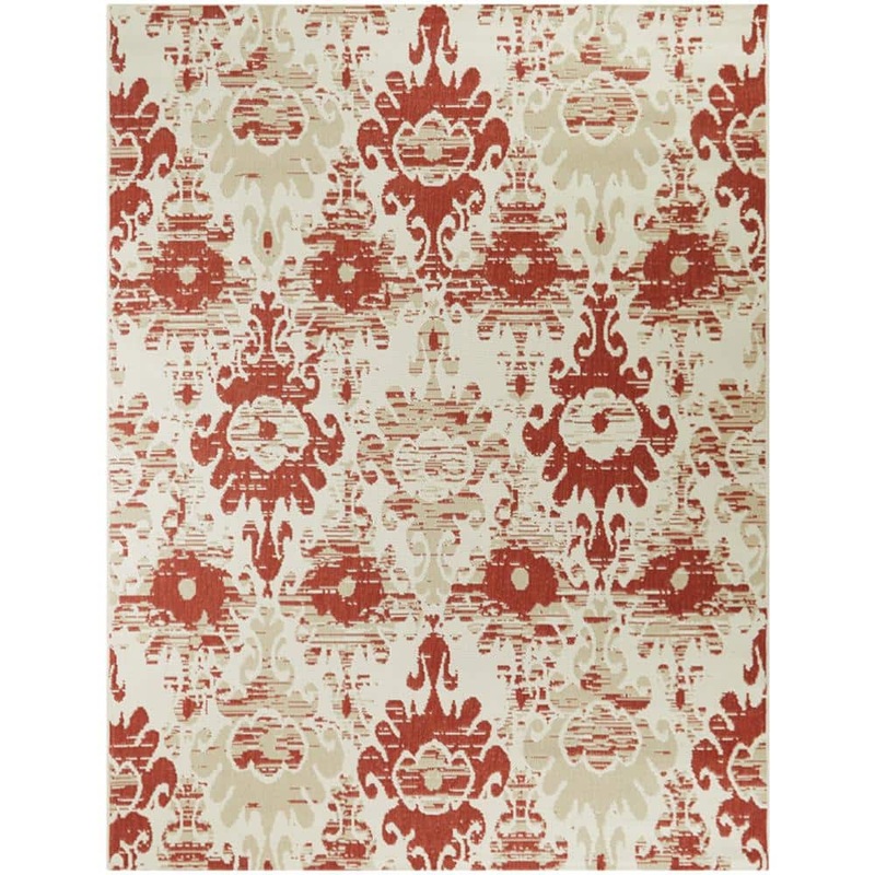Hampton Bay Ikat Red/Cream 5 ft. x 7 ft. Distressed Indoor/Outdoor Patio Area Rug 3004313