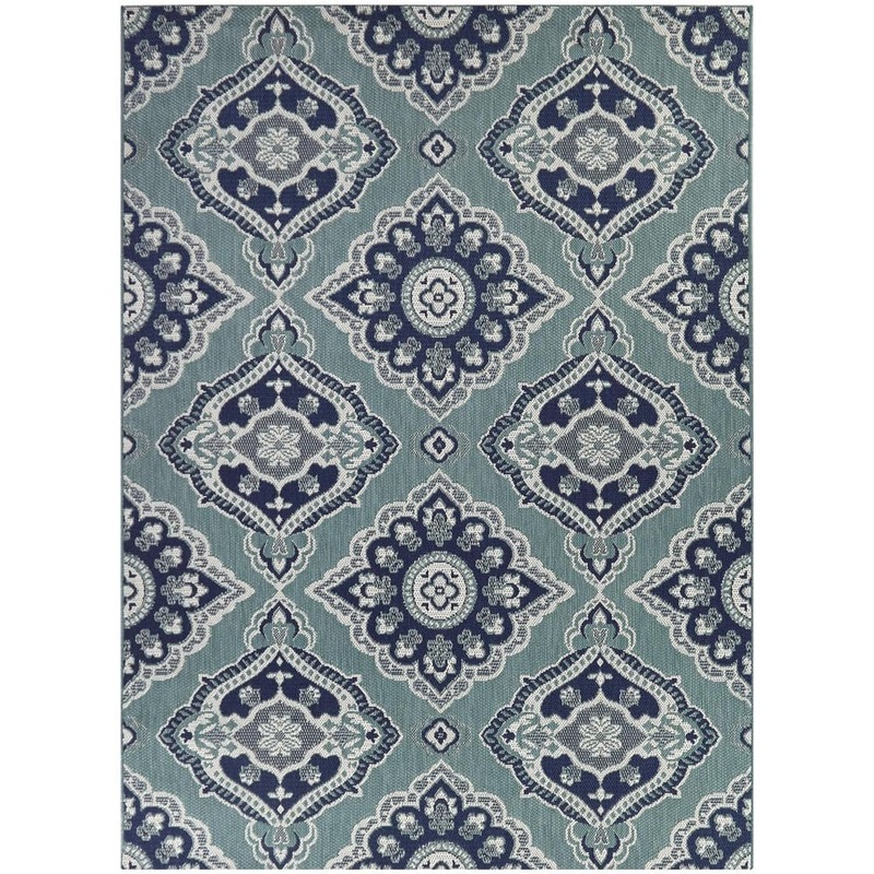 Hampton Bay Oak Hill Aqua Runner 2 ft. x 7 ft. Medallion Indoor/Outdoor Area Rug 3123260