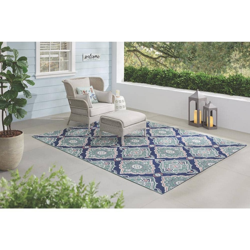 Hampton Bay Oak Hill Teal 7 ft. x 9 ft. Medallion Indoor/Outdoor Area Rug 3115993