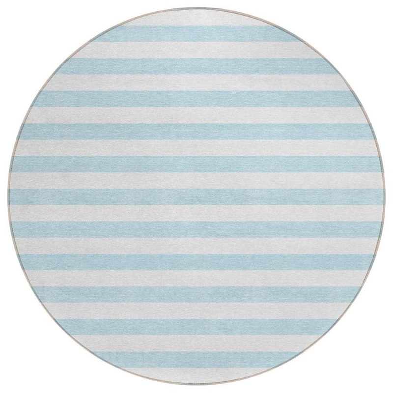 HomeRoots Sky Blue 8 ft. Round Woven Striped Polyester Round Indoor/Outdoor Area Rug 2000560947