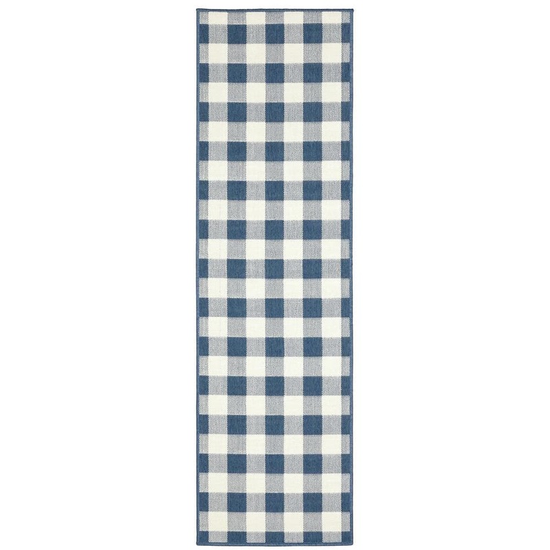 AVERLEY HOME Messina Blue/Ivory 2 ft. x 8 ft. Geometric Gingham Check Polypropylene Indoor/Outdoor Runner Area Rug 744164