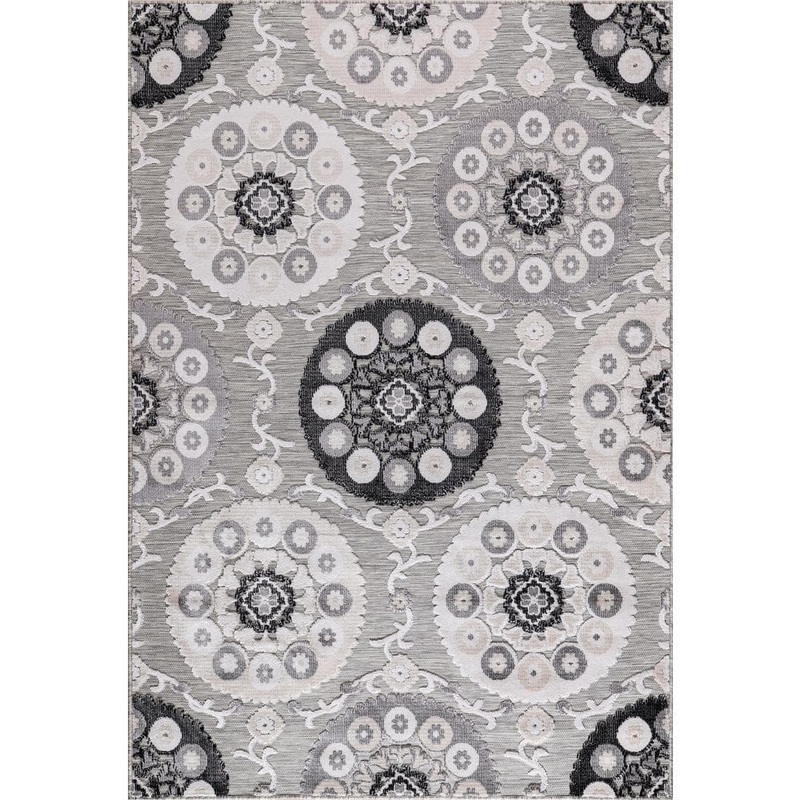 CAMILSON Bloom Gray/Black 8 ft. x 10 ft. Bohemian Medallion Floral Indoor/Outdoor Area Rug SPR3003-GRY-8×10-HD