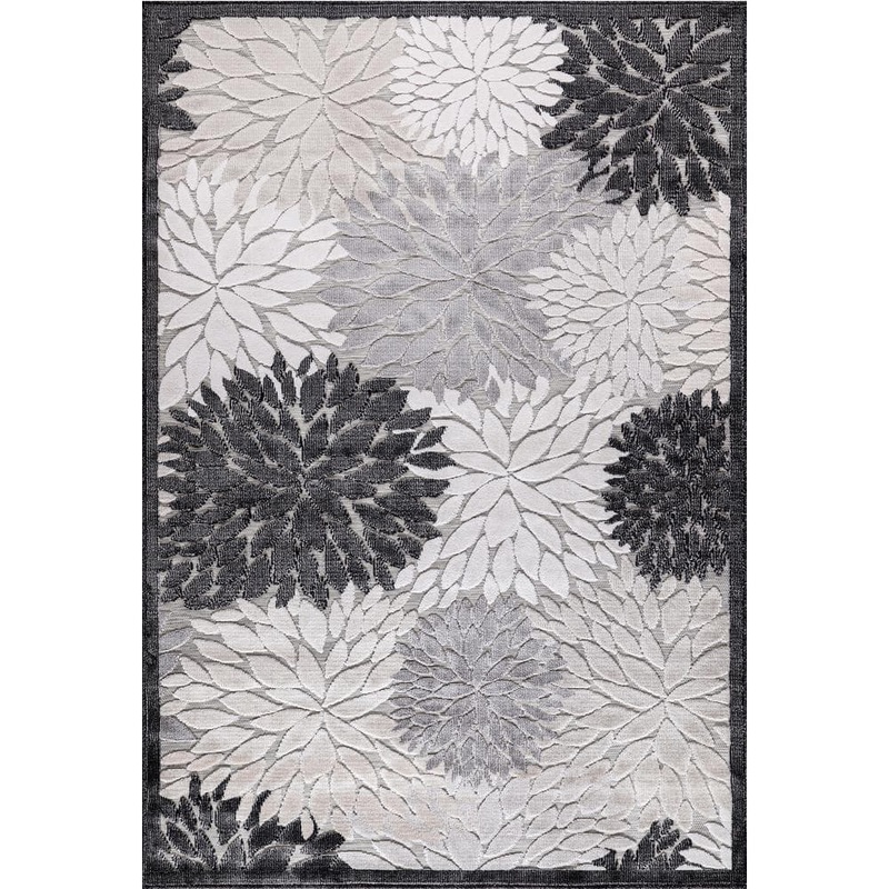 CAMILSON Bloom Gray/Black 9 ft. x 12 ft. Floral Exotic Tropical Indoor/Outdoor Area Rug SPR3001-GRY-9×12-HD