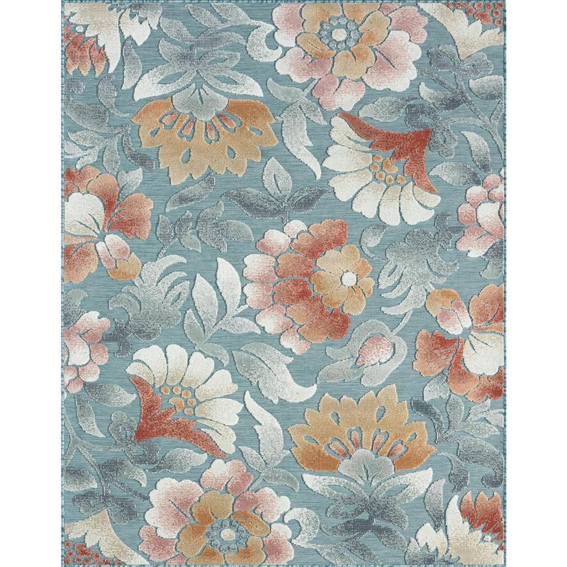 Tayse Rugs Tropic Aqua 4 ft. x 6 ft. Floral Indoor/Outdoor Area Rug TRP1435 4×6