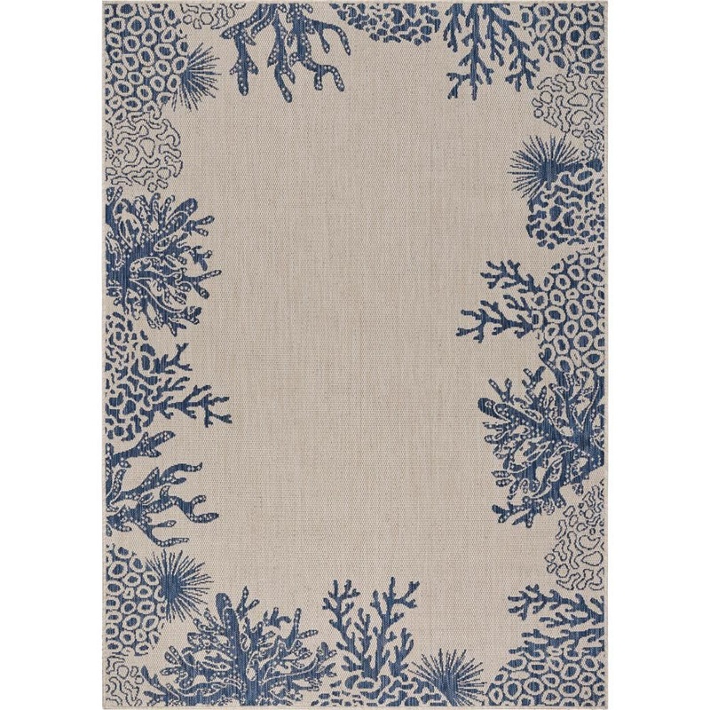 Unbranded Naira Coastal White/Navy Blue 5 ft. 3 in. x 7 ft. Bordered Coral Reef Polypropylene Indoor/Outdoor Area Rug 0938A0084D9348