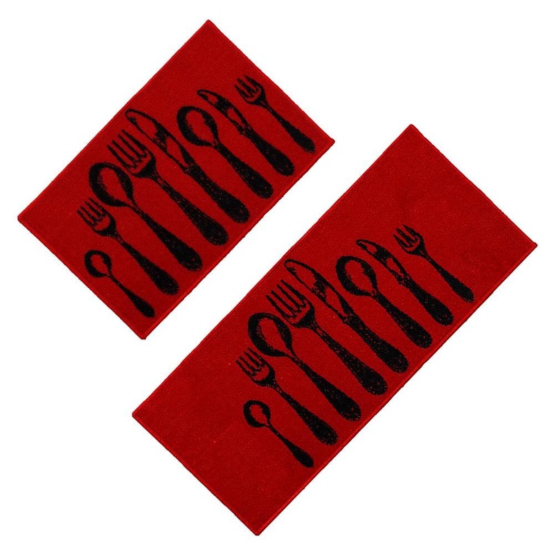 EVIDECO French home goods Chic Cutlery Red and Black20 in. x 48 in. and 20 in. x 32 in. Polyamide Set of 2 Kitchen Mats L495011088SET2