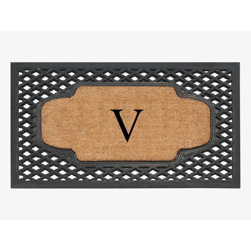 A1 Home Collections A1HC Mesh Border Black 23 in. x 38 in. Rubber and Coir Heavy-Weight Outdoor Durable Monogrammed V Door Mat A1HOME200027-BL-V