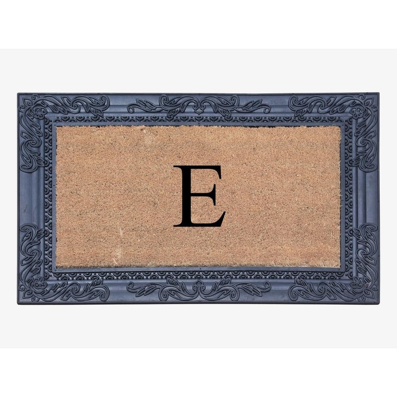 A1 Home Collections A1HC Sketch Border Black/Beige 24 in. x 36 in. Rubber and Coir Heavy Duty Easy to Clean Monogrammed E Door Mat RC186-BLNW-E