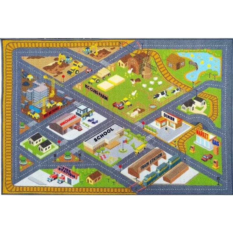 KC CUBS Multi-Color Kids Children Bedroom Country Farm Road Map Construction Educational Learning 5 ft. x 7 ft. Area Rug KCP010025-5×7