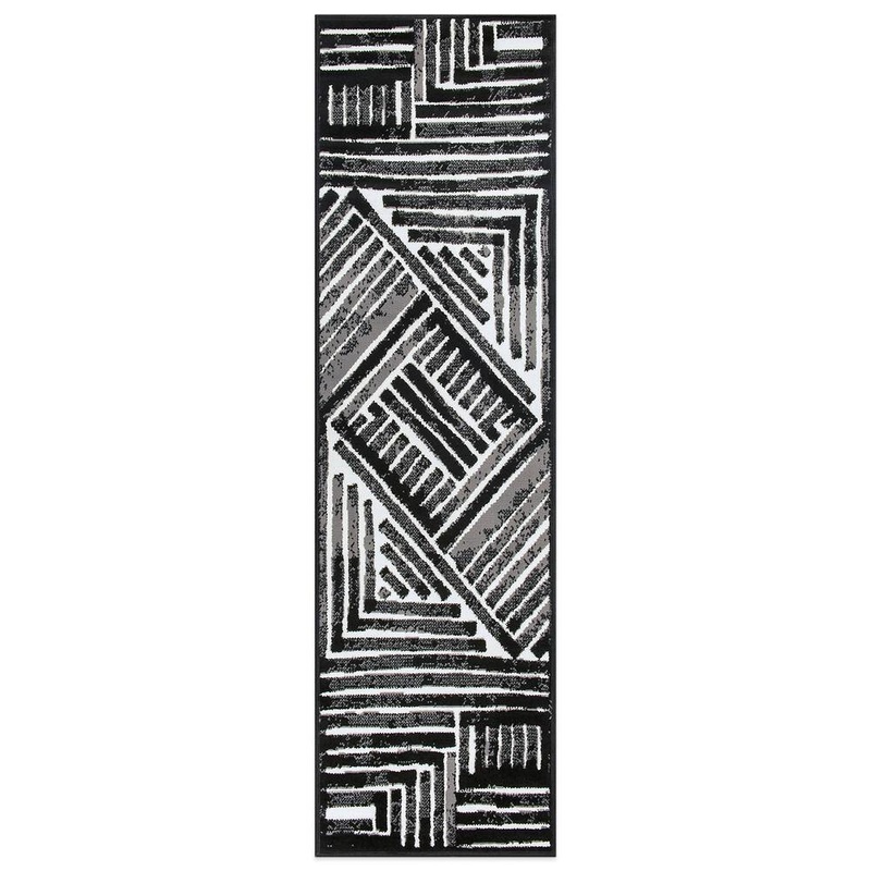 World Rug Gallery Milan Black 2 ft. x 7 ft. Contemporary Stripe Design Runner Rug 3018BLACK2X7
