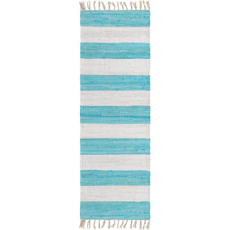 Unique Loom Chindi Rag Striped Turquoise and Ivory 2 ft. 2 in. x 6 ft. 1 in. Area Rug 3187170