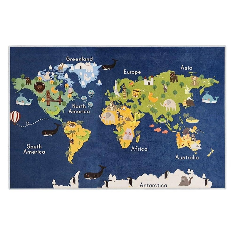 SUSSEXHOME Map 39.5 in. x 59 in. Cotton Washable Educational for Kids Room Area Rug KD-MP-3X5