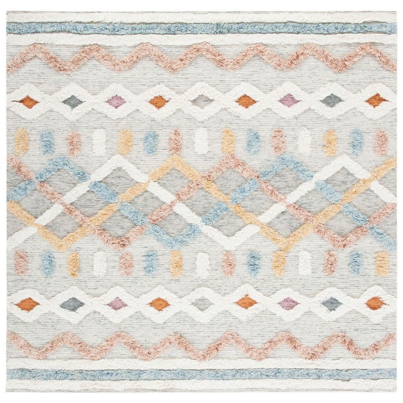SAFAVIEH Kenya Ivory/Blue 7 ft. x 7 ft. High-Low Flokati Trellis Chevron Square Area Rug KNY664A-7SQ