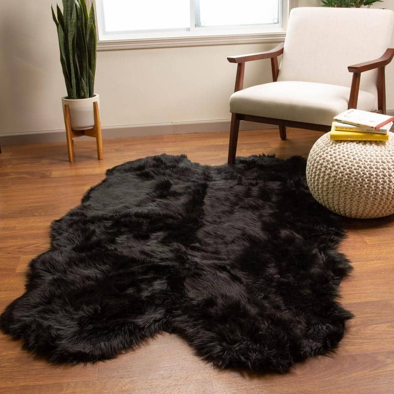 Super Area Rugs Serene Silky Faux Fur Fluffy Shag Rug Black 4′ x 6′ Sheepskin SAR-SER01-BLACK-4X6-SHAPED