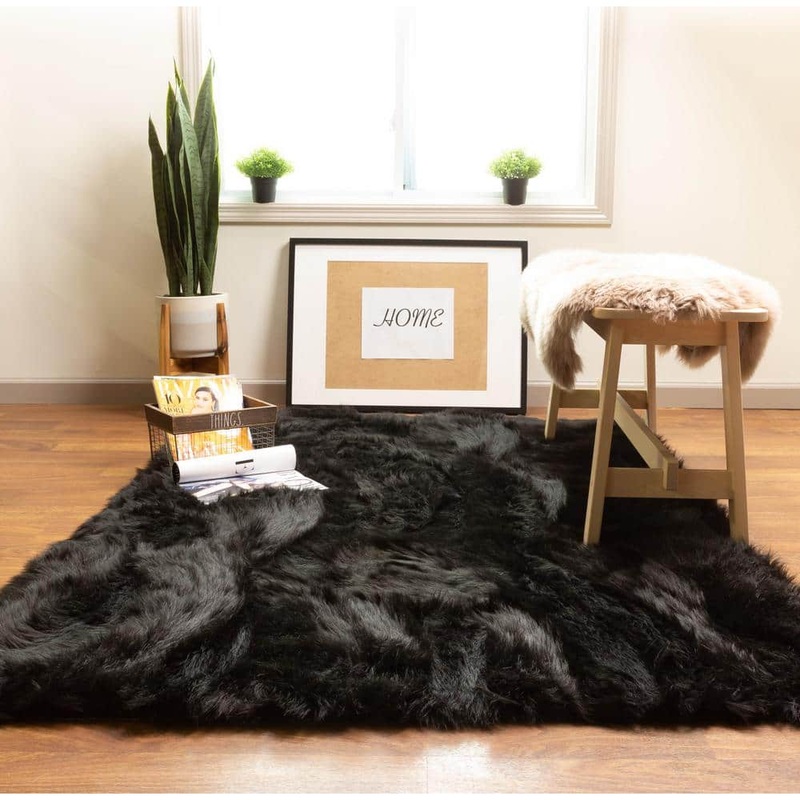 Super Area Rugs Serene Silky Faux Fur Fluffy Shag Rug Black 6′ x 9′ SAR-SER01-BLACK-6X9