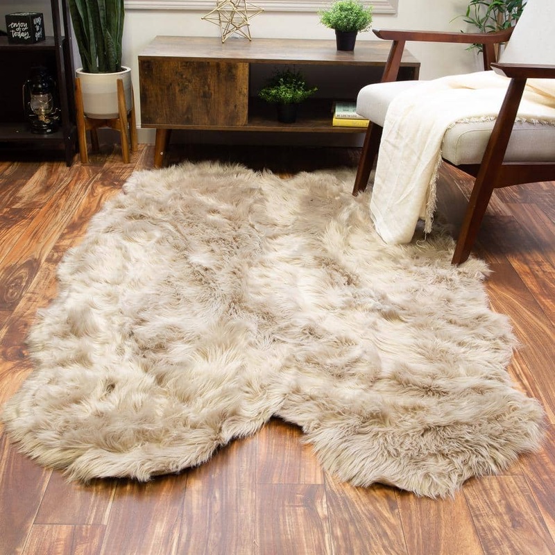 Super Area Rugs Serene Silky Faux Fur Fluffy Shag Rug Light Brown 4′ x 6′ Sheepskin SAR-SER01-LIGHT-BROWN-4X6-SHAPED