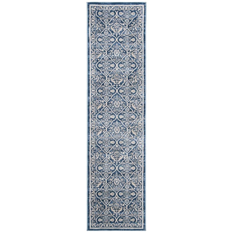 SAFAVIEH Brentwood Navy/Light Gray 2 ft. x 22 ft. Geometric Floral Border Runner Rug BNT870M-222