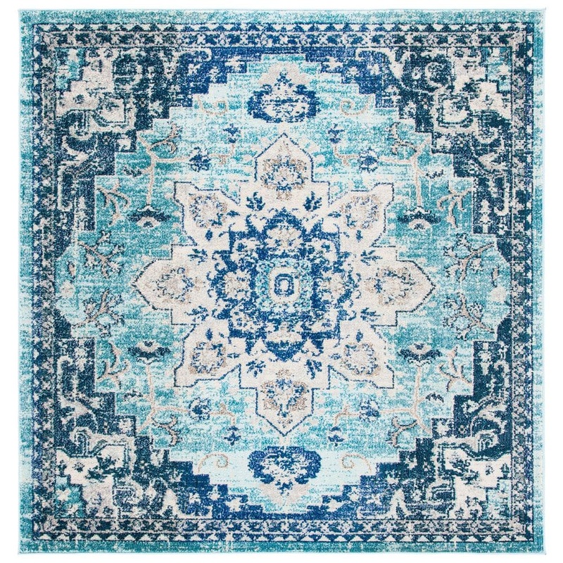 SAFAVIEH Madison Teal/Navy 8 ft. x 8 ft. Border Geometric Floral Medallion Square Area Rug MAD473K-8SQ