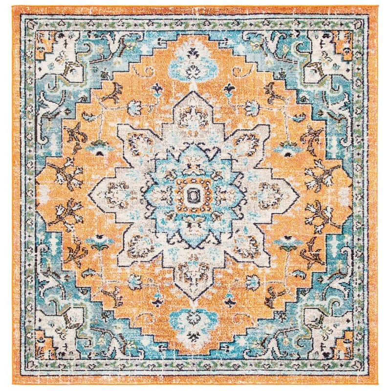 SAFAVIEH Madison Orange/Teal 8 ft. x 8 ft. Border Geometric Floral Medallion Square Area Rug MAD473P-8SQ