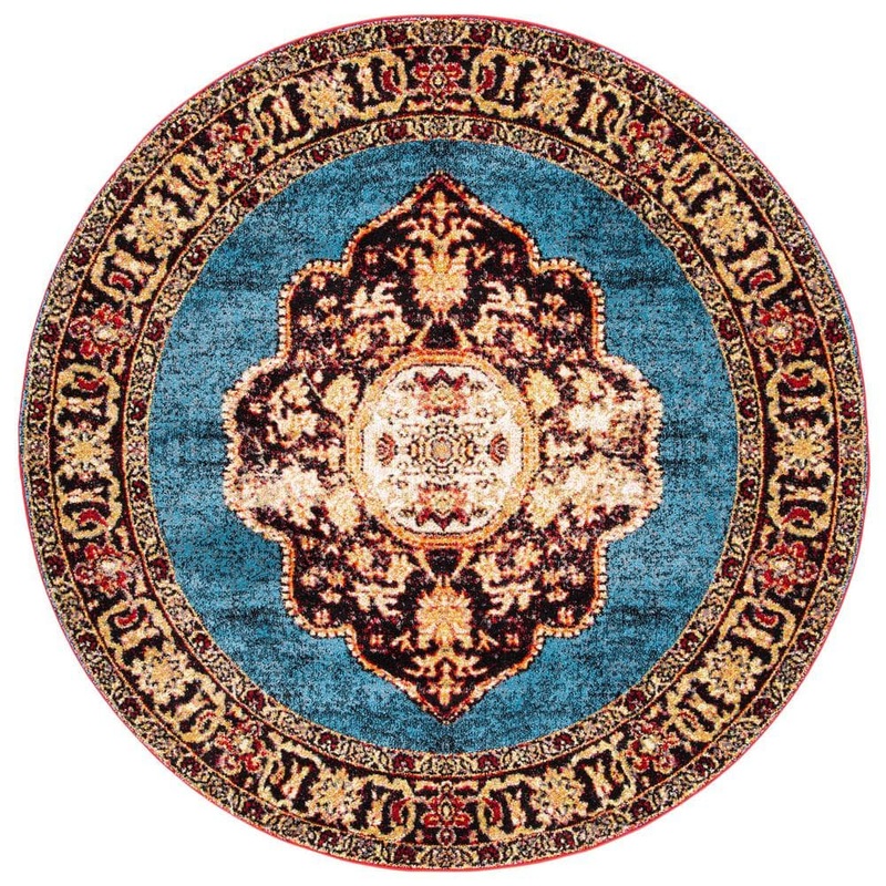 SAFAVIEH Vintage Hamadan Gold/Light Blue Doormat 3 ft. x 3 ft. Border Medallion Round Area Rug VTH219D-3R