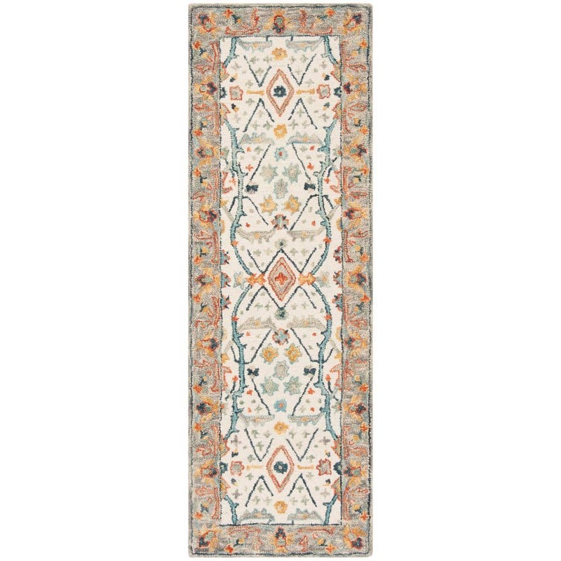 SAFAVIEH Aspen Ivory/Blue 2 ft. x 5 ft. Border Floral Speckled Runner Rug APN308A-25
