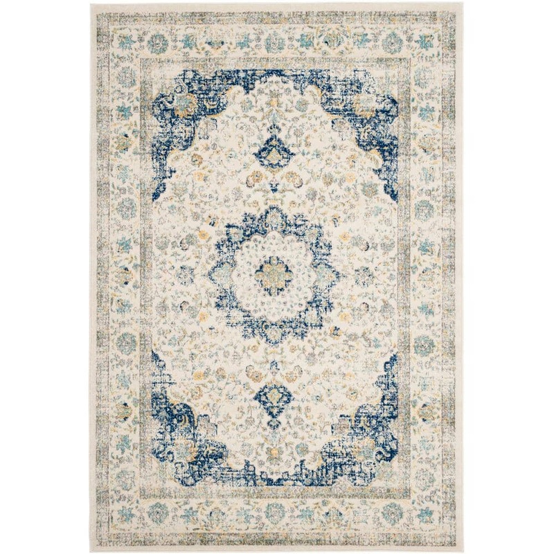 SAFAVIEH Evoke 5 ft. x 8 ft. Ivory/Blue Distressed Border Medallion Area Rug EVK220C-5