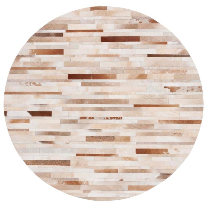SAFAVIEH Studio Leather Tan Ivory 6 ft. x 6 ft. Striped Abstract Round Area Rug STL218B-6R