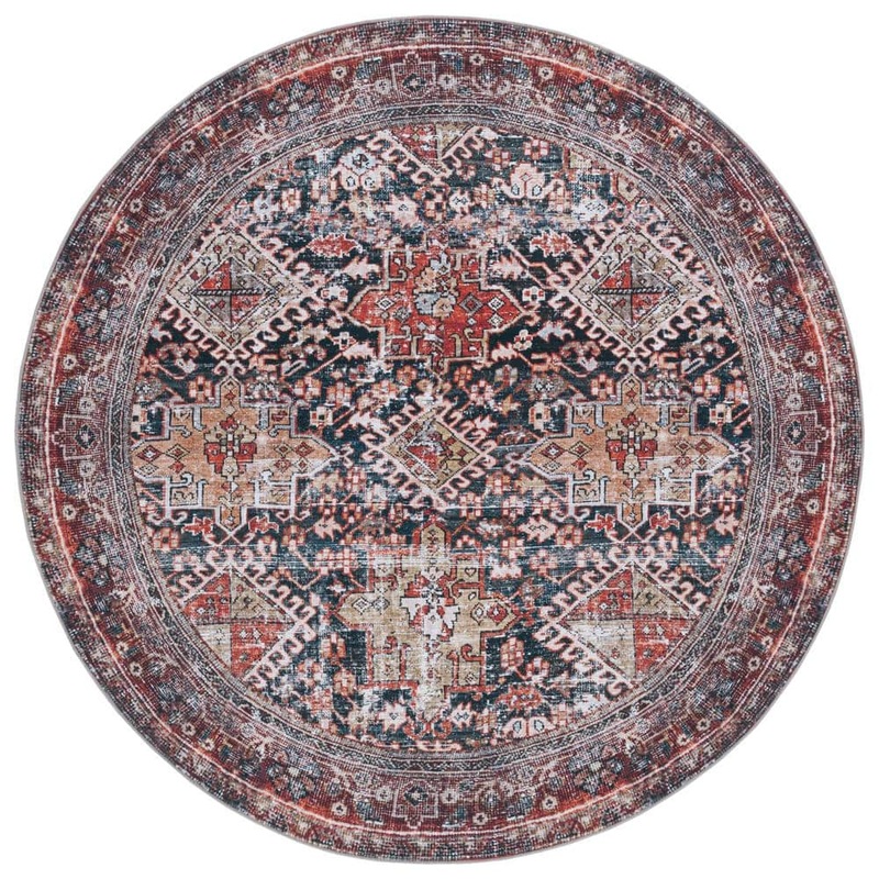 SAFAVIEH Tucson Navy/Rust 8 ft. x 8 ft. Machine Washable Floral Border Round Area Rug TSN130N-8R