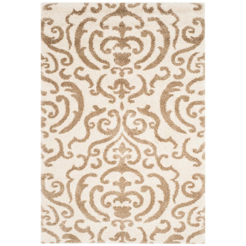 SAFAVIEH Florida Shag Cream/Beige 4 ft. x 6 ft. Floral Damask Area Rug SG462-1113-4
