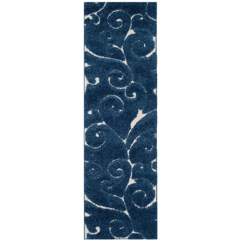 SAFAVIEH Florida Shag Dark Blue/Cream 2 ft. x 17 ft. Floral Runner Rug SG455-6511-217