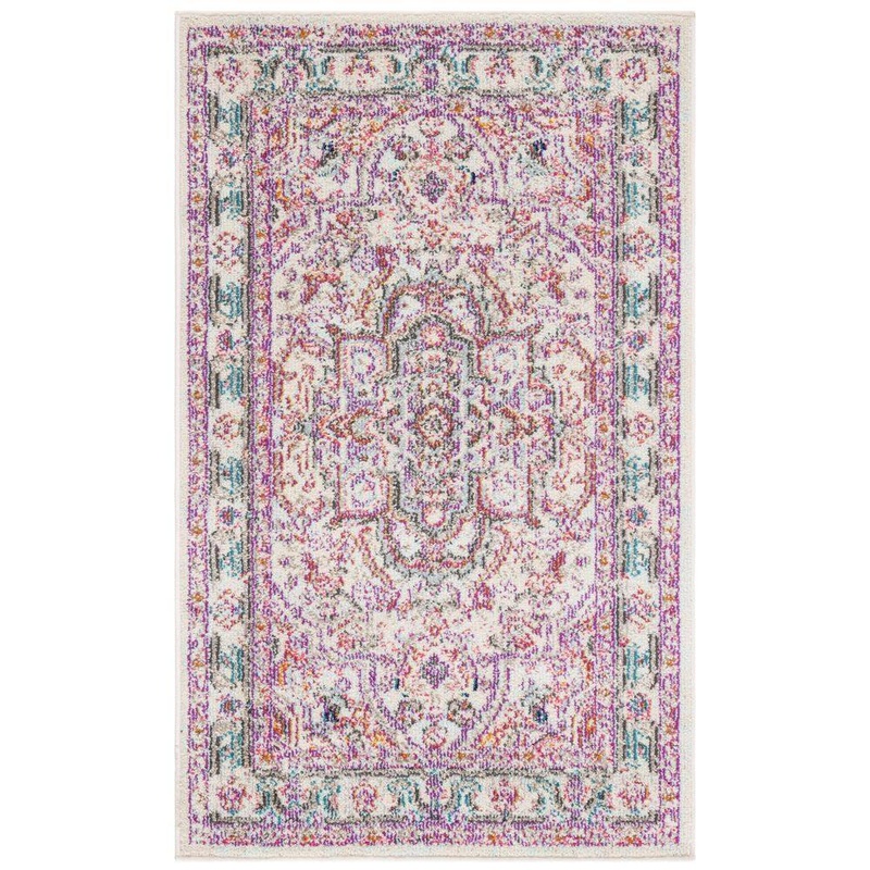 SAFAVIEH Madison Beige/Fuchsia Doormat 3 ft. x 5 ft. Geometric Border Floral Medallion Area Rug MAD259B-3
