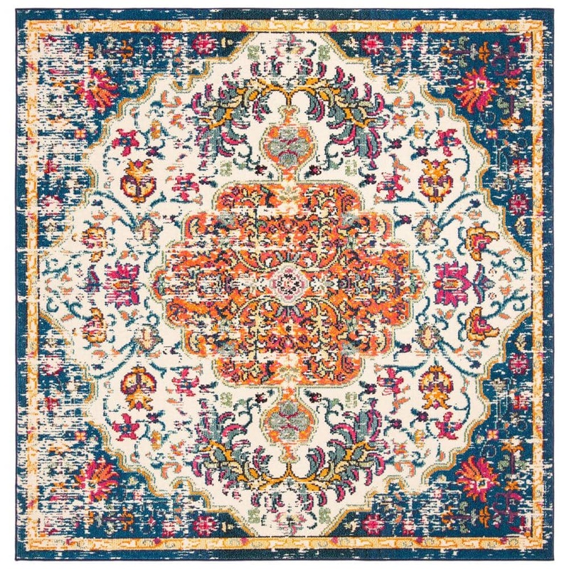 SAFAVIEH Madison Ivory/Orange 8 ft. x 8 ft. Border Geometric Floral Medallion Square Area Rug MAD447A-8SQ