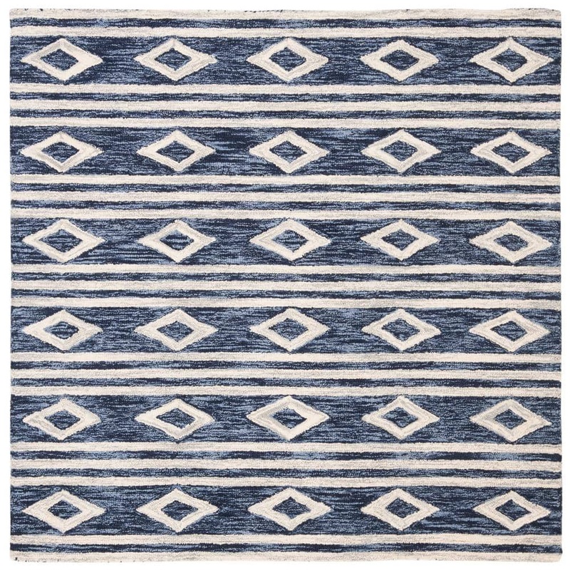 SAFAVIEH Micro-Loop Navy/Ivory 5 ft. x 5 ft. Square Diamonds Striped Area Rug MLP153N-5SQ