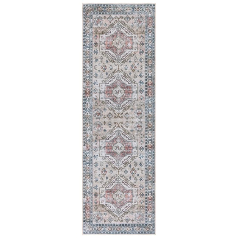 SAFAVIEH Tucson Beige/Green 3 ft. x 8 ft. Machine Washable Medallion Floral Border Distressed Runner Rug TSN146B-28