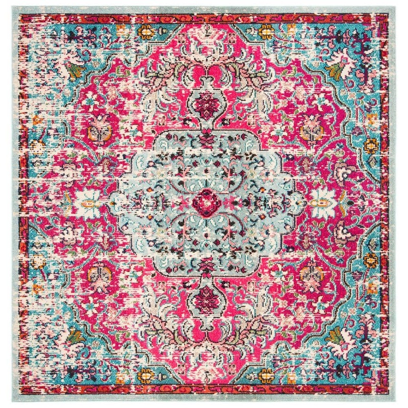 SAFAVIEH Madison Fuchsia/Teal 8 ft. x 8 ft. Border Geometric Floral Medallion Square Area Rug MAD447R-8SQ