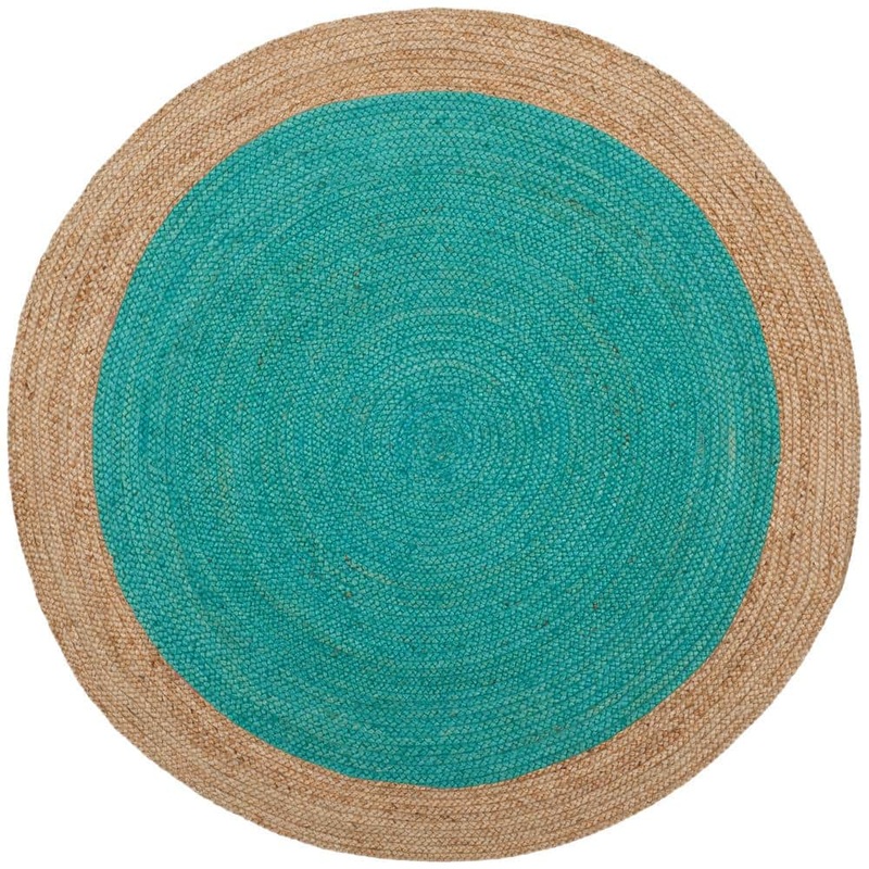 SAFAVIEH Natural Fiber Teal/Beige 4 ft. x 4 ft. Round Border Area Rug NF801E-4R