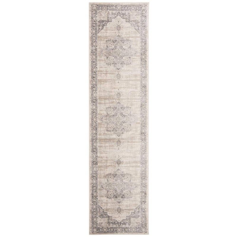 SAFAVIEH Brentwood Cream/Gray 2 ft. x 22 ft. Floral Medallion Border Runner Rug BNT865B-222
