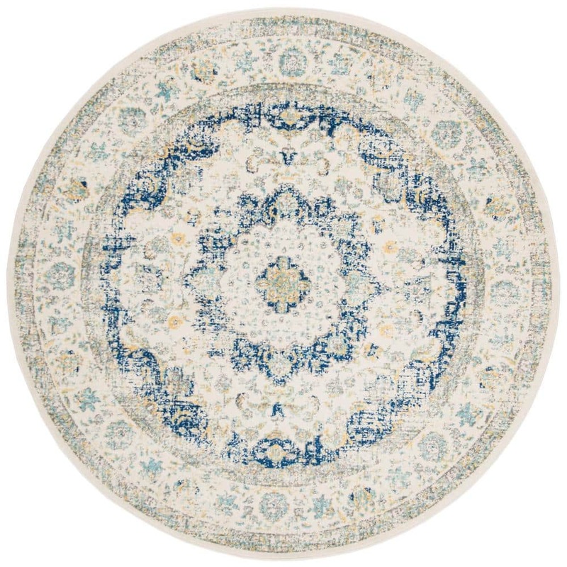 SAFAVIEH Evoke 7 ft. x 7 ft. Ivory/Blue Round Border Medallion Distressed Area Rug EVK220C-7R