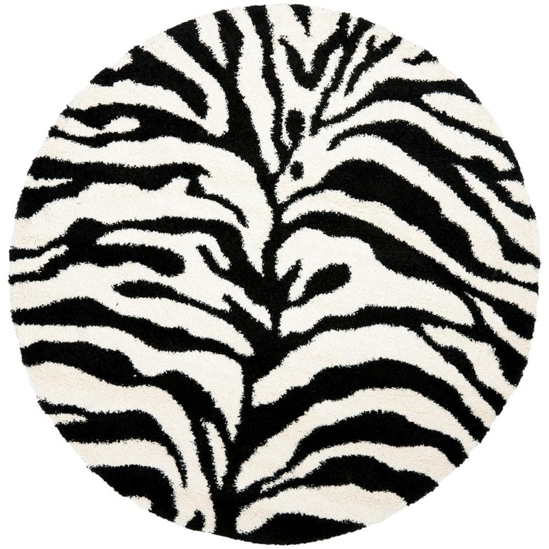 SAFAVIEH Florida Shag Ivory/Black 7 ft. x 7 ft. Round Animal Print Area Rug SG452-1290-7R