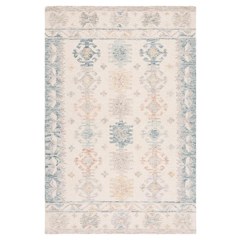 SAFAVIEH Micro-Loop Ivory/Blue Doormat 3 ft. x 5 ft. Medallion Area Rug MLP476M-3