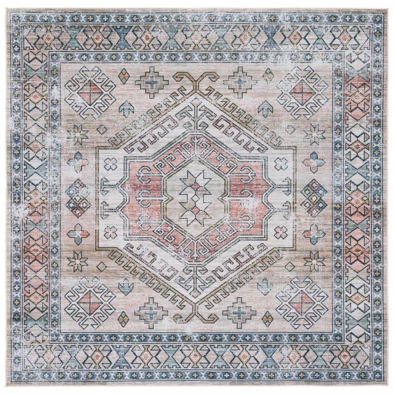 SAFAVIEH Tucson Beige/Green 6 ft. x 6 ft. Machine Washable Medallion Floral Border Distressed Square Area Rug TSN146B-6SQ
