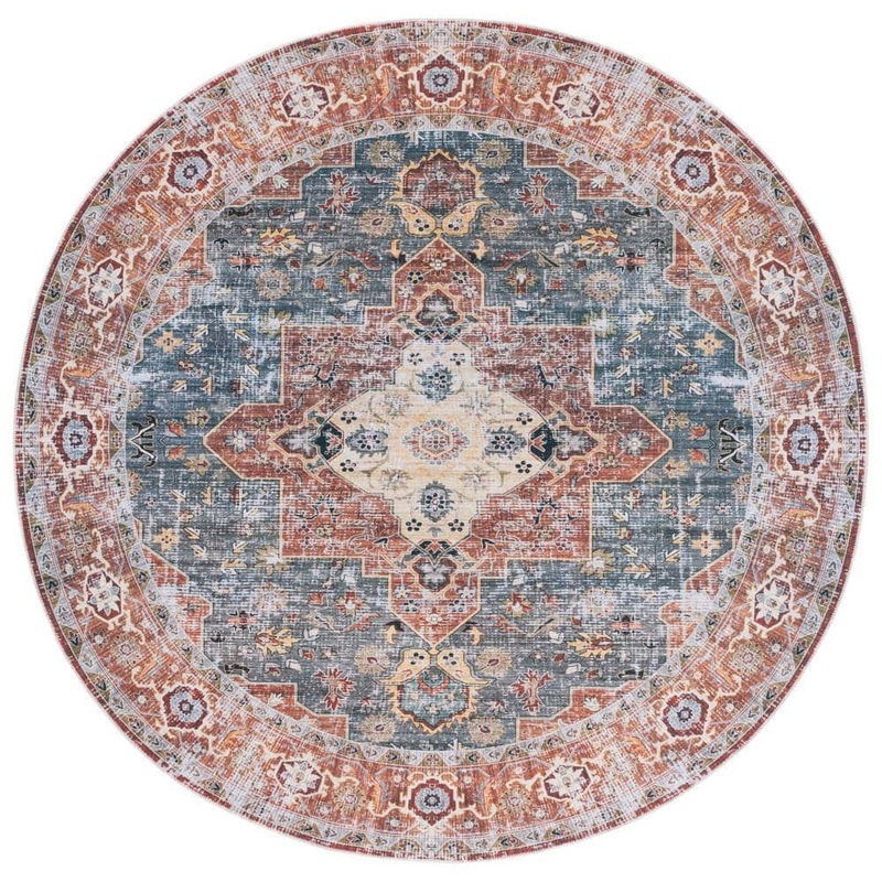 SAFAVIEH Arizona Rust/Blue Green 6 ft. x 6 ft. Border Ornate Machine Washable Round Area Rug ARZ126R-6R