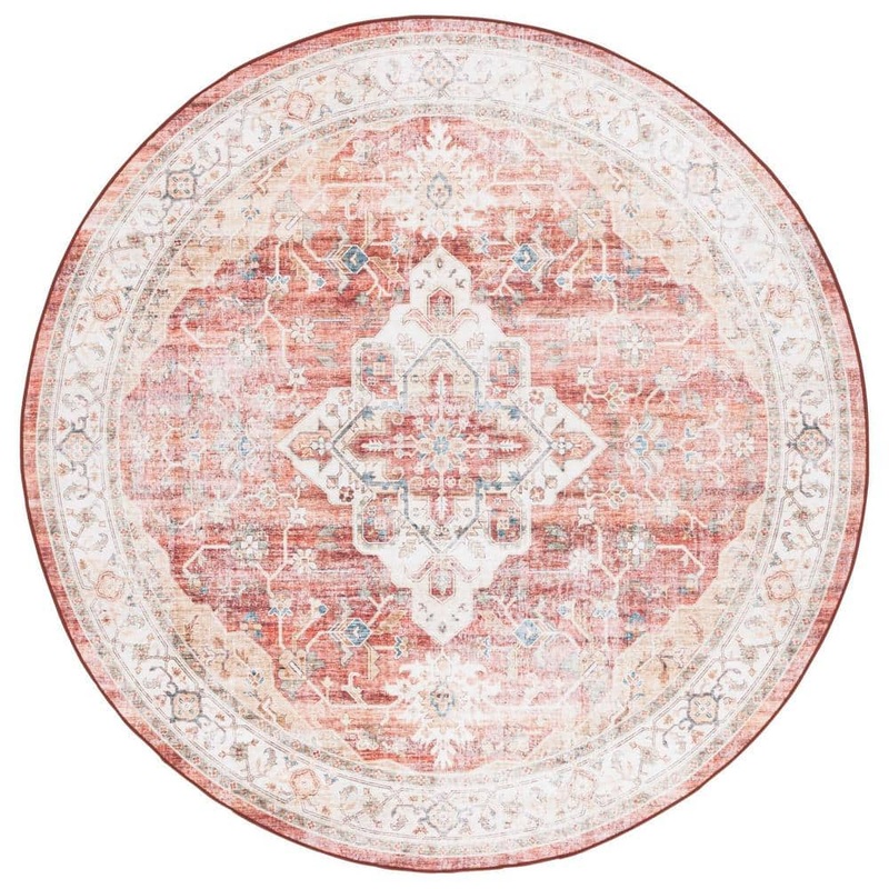 SAFAVIEH Arizona Rust/Gold 6 ft. x 6 ft. Distressed Border Ornate Machine Washable Round Area Rug ARZ556Q-6R