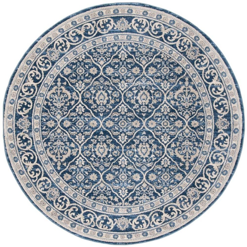 SAFAVIEH Brentwood Navy/Light Gray 9 ft. x 9 ft. Round Floral Border Geometric Area Rug BNT870M-9R