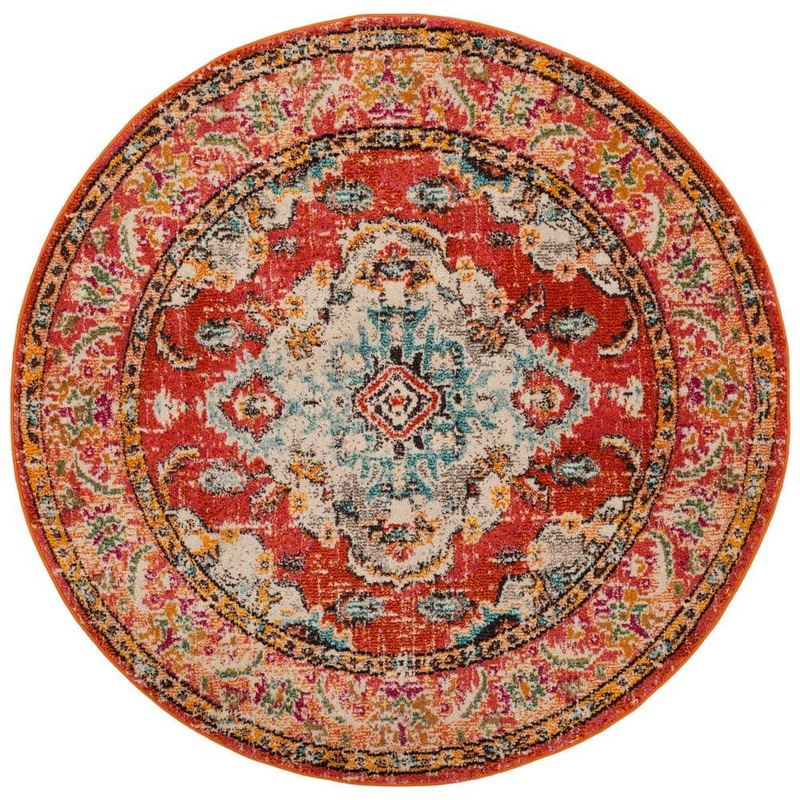 SAFAVIEH Monaco 7 ft. x 7 ft. Orange/Light Blue Round Border Area Rug MNC243H-7R