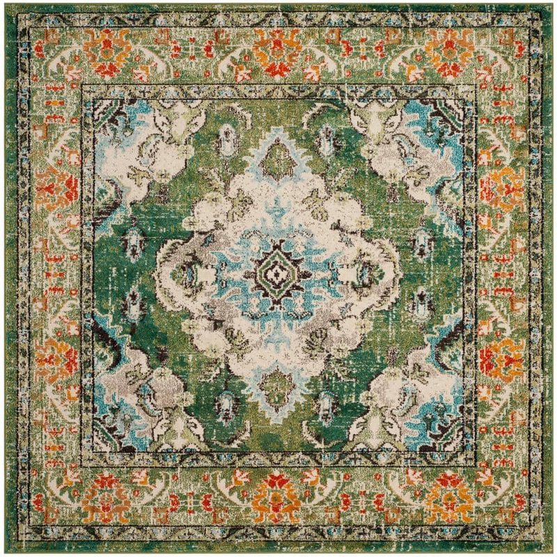 SAFAVIEH Monaco Forest Green/Light Blue 8 ft. x 8 ft. Distressed Border Medallion Square Area Rug MNC243F-8SQ