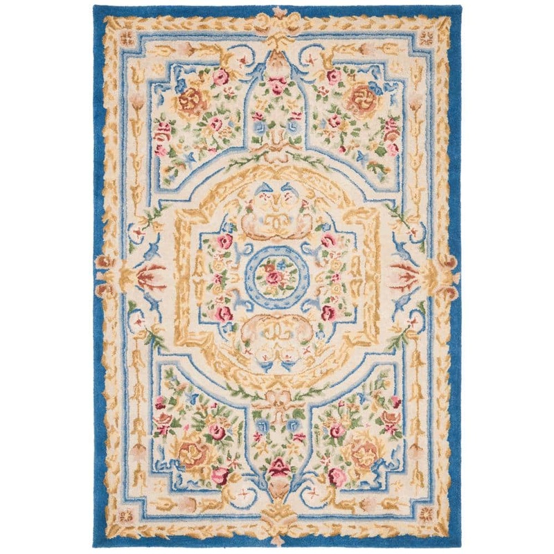 SAFAVIEH Savonnerie Blue/Ivory 4 ft. x 6 ft. Floral Border Area Rug SAV118M-4